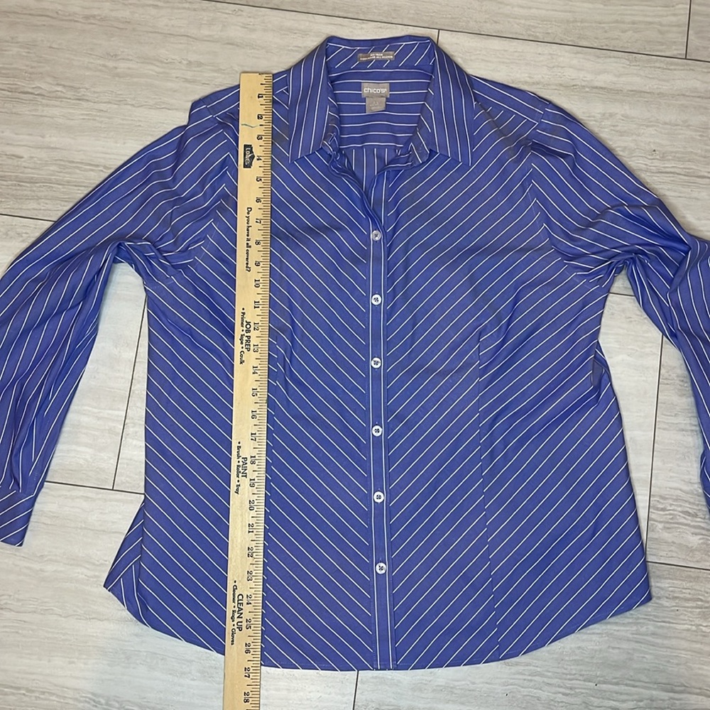 CHICO’S coolmax all season no-wrinkle button up blouse Blue Pinstripe sz 14 top - Picture 5 of 8